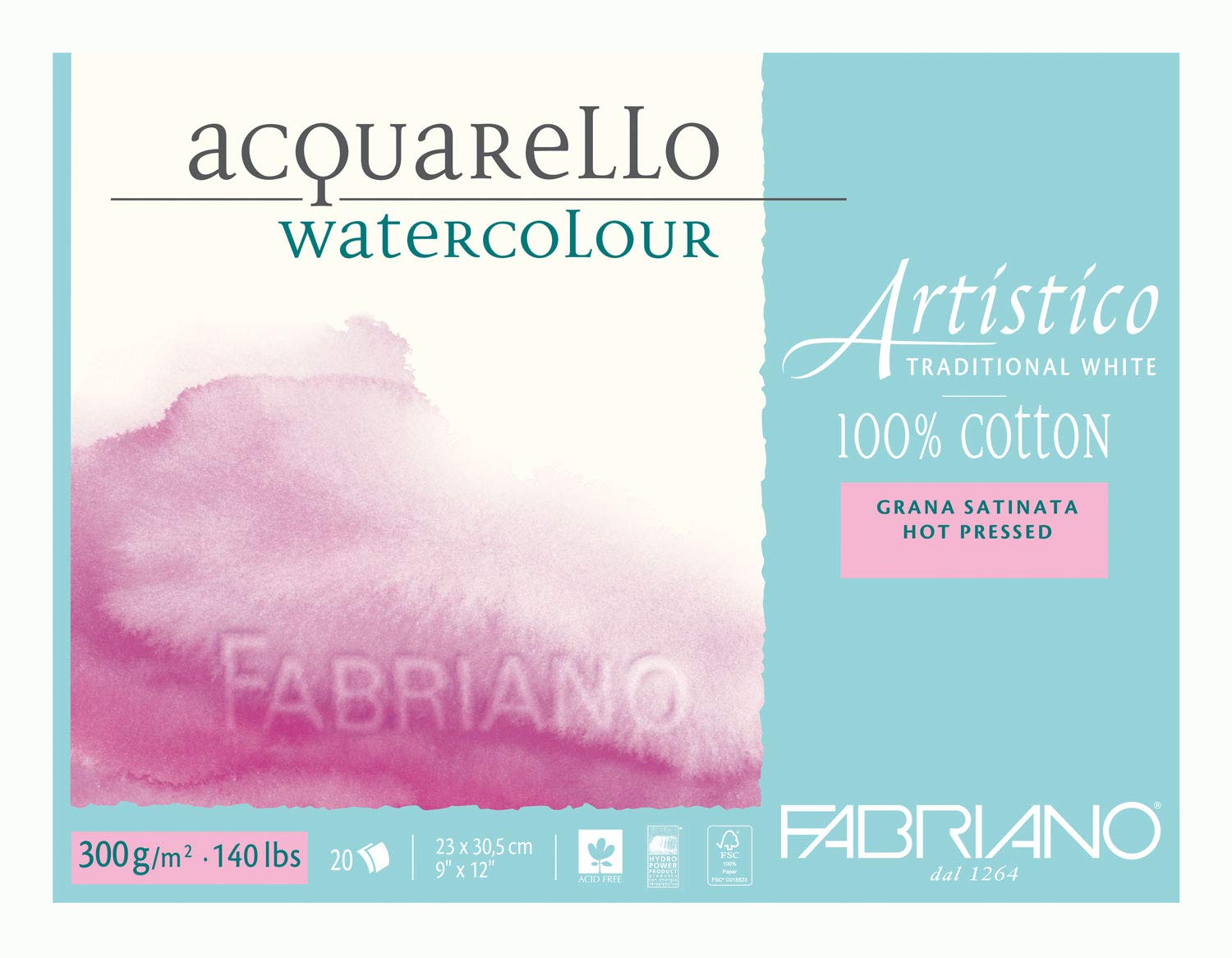 Fabriano Artistico 140 lb. Hot Press 20 Sheet Block 9x12" - Traditional White (30002330) 9-x-12-Inch Satin