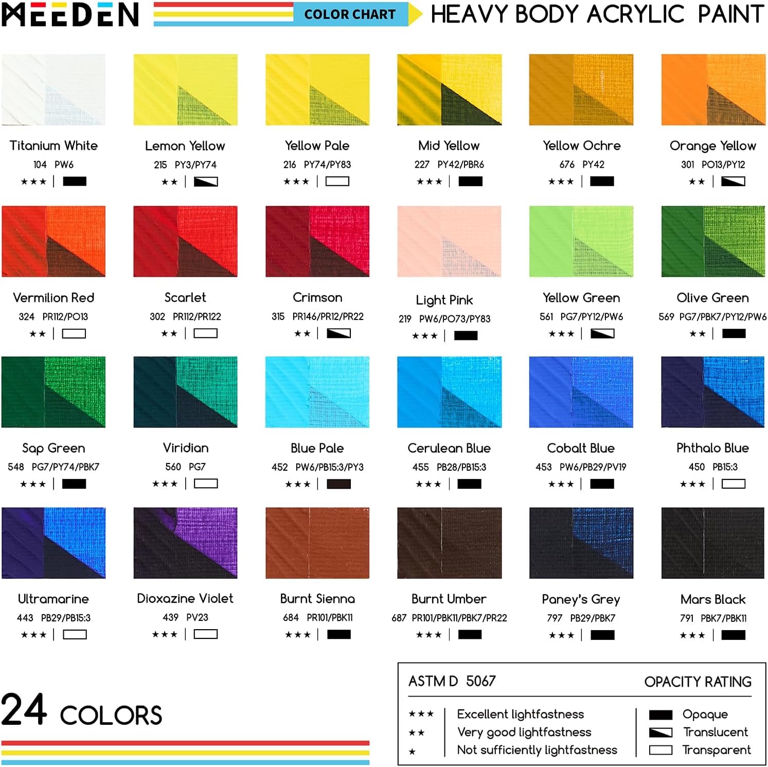 MEEDEN Heavy Body Acrylic Paint - Basic Satin Finish 24 x 60ml (2 oz) Color Paint Set for Adults - Rich Pigment Art Craft Paints for Canvas Clay Wood 24 Colors Set