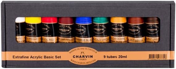 Charvin Extra-Fine Artists' Acrylic Paints - Luxurious Professional Artist Paint Created to Mimic The Colors of Nature - [Basic Set of 9-20ml Tubes] Basic Set of 9 - 60ml Tubes